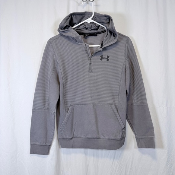 Under Armour Other - Under Armour Hoodie Quarter Zip Gray Ribbed Texture Kangaroo Pocket Size YLG